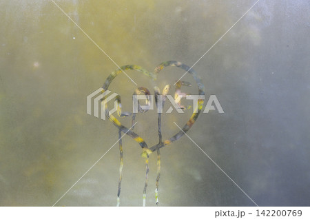 Autumn rain and a heart painted on misted glass. love symbol Autumn rain and a heart painted on misted glass. love symbol 142200769
