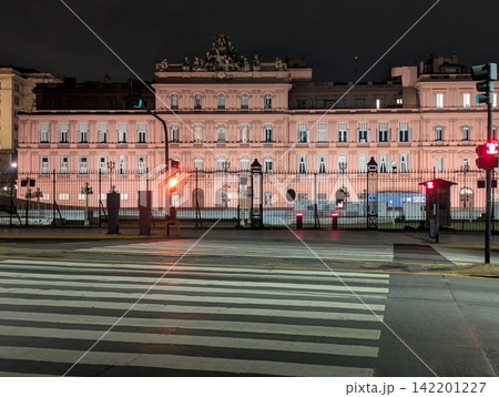 Buenos Aires, Argentina - October 27, 2025: Illuminated East Facade of Casa Rosada Buenos Aires, Argentina - October 27, 2025: Illuminated East Facade of Casa Rosada 142201227