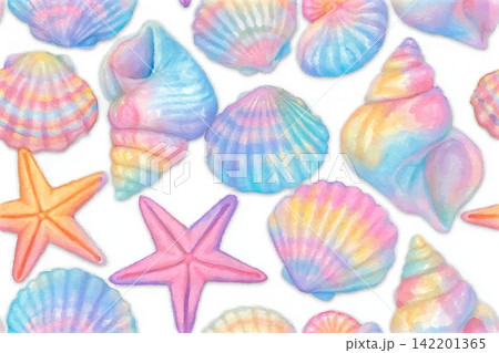 Seamless vector pattern with pastel watercolor sea shells and starfish. A cute and dreamy ocean themed background perfect for childrens products, textiles, summer designs, and creative projects. Seamless vector pattern with pastel watercolor sea shells and starfish. A cute and dreamy ocean themed background perfect for childrens products, textiles, summer designs, and creative projects. 142201365
