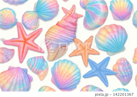 Seamless vector pattern with pastel watercolor sea shells and starfish. A cute and dreamy ocean themed background perfect for childrens products, textiles, summer designs, and creative projects. Seamless vector pattern with pastel watercolor sea shells and starfish. A cute and dreamy ocean themed background perfect for childrens products, textiles, summer designs, and creative projects. 142201367