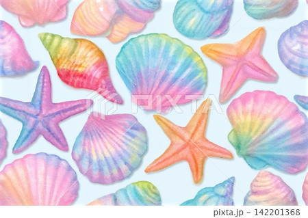 Seamless vector pattern with pastel watercolor sea shells and starfish. A cute and dreamy ocean themed background perfect for childrens products, textiles, summer designs, and creative projects. Seamless vector pattern with pastel watercolor sea shells and starfish. A cute and dreamy ocean themed background perfect for childrens products, textiles, summer designs, and creative projects. 142201368
