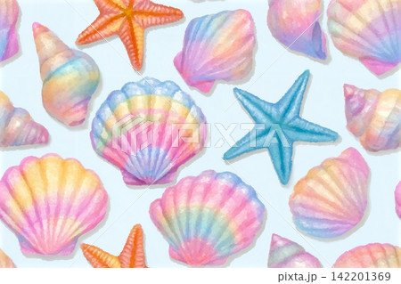 Seamless vector pattern with pastel watercolor sea shells and starfish. A cute and dreamy ocean themed background perfect for childrens products, textiles, summer designs, and creative projects. Seamless vector pattern with pastel watercolor sea shells and starfish. A cute and dreamy ocean themed background perfect for childrens products, textiles, summer designs, and creative projects. 142201369