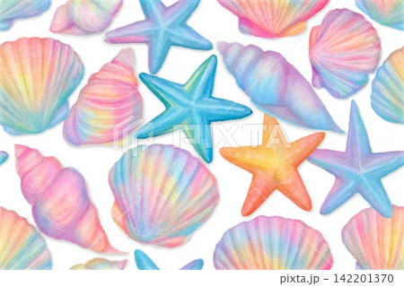 Seamless vector pattern with pastel watercolor sea shells and starfish. A cute and dreamy ocean themed background perfect for childrens products, textiles, summer designs, and creative projects. Seamless vector pattern with pastel watercolor sea shells and starfish. A cute and dreamy ocean themed background perfect for childrens products, textiles, summer designs, and creative projects. 142201370