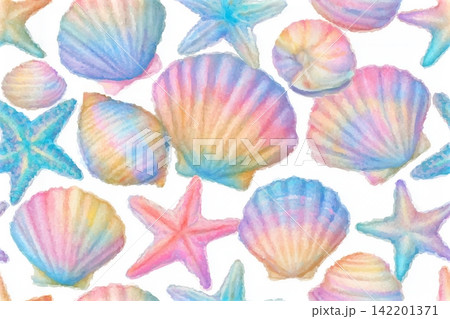 Seamless vector pattern with pastel watercolor sea shells and starfish. A cute and dreamy ocean themed background perfect for childrens products, textiles, summer designs, and creative projects. Seamless vector pattern with pastel watercolor sea shells and starfish. A cute and dreamy ocean themed background perfect for childrens products, textiles, summer designs, and creative projects. 142201371