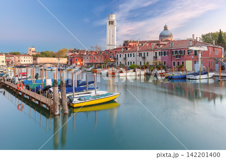 Castello Waterfront with Boats and Bell Tower at Dawn in Venice, Italy 142201400