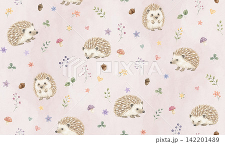 水彩風の愛らしいハリネズミと森の植物のシームレスパターン　Blush Pink. 142201489