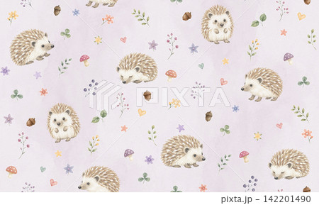 水彩風の愛らしいハリネズミと森の植物のシームレスパターン Lavender Mist 水彩風の愛らしいハリネズミと森の植物のシームレスパターン Lavender Mist 142201490