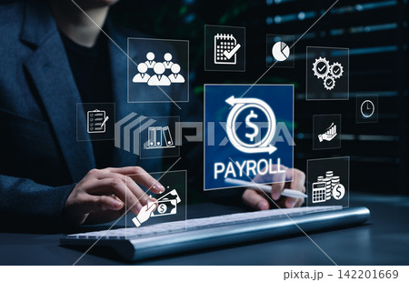 Payroll Management and Salary Processing System. Businesswoman calculates payroll, with icons representing employee salaries management, payment scheduling, efficient payroll, financial documentation, Payroll Management and Salary Processing System. Businesswoman calculates payroll, with icons representing employee salaries management, payment scheduling, efficient payroll, financial documentation, 142201669