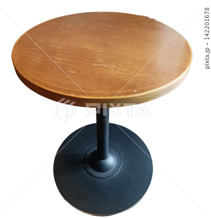 Round wooden table with black pedestal base on white background Round wooden table with black pedestal base on white background 142201678