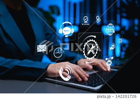 Technical support and customer service concept. Digital icons of tools, headset, 24/7 help, email, chatbot, global access, represent IT support, troubleshooting, live chat, user assistance in business Technical support and customer service concept. Digital icons of tools, headset, 24/7 help, email, chatbot, global access, represent IT support, troubleshooting, live chat, user assistance in business 142201726