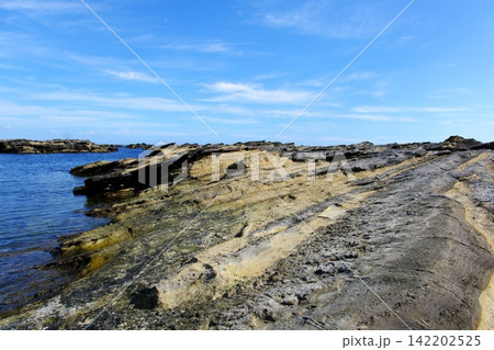 美しい青空のもとに広がる城ヶ島のダイナミックな地層と岩礁の絶景 美しい青空のもとに広がる城ヶ島のダイナミックな地層と岩礁の絶景 142202525