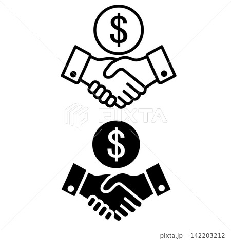 Shaking hand dollar icon. Business investment agreement and financial partnership sign. Financial contract symbol. Deal logo. flat style. Shaking hand dollar icon. Business investment agreement and financial partnership sign. Financial contract symbol. Deal logo. flat style. 142203212