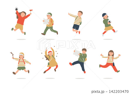 秋の遠足を楽しむ子どもたちの人物イラストセット 秋の遠足を楽しむ子どもたちの人物イラストセット 142203470