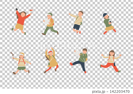 秋の遠足を楽しむ子どもたちの人物イラストセット 秋の遠足を楽しむ子どもたちの人物イラストセット 142203470