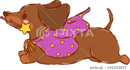 Cute Halloween Dachshund Witch Sausage Dog witch Magic Wand Cartoon Hand Drawn Illustration 142203655