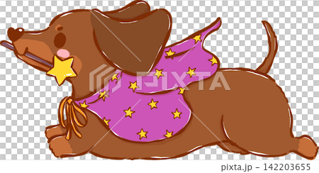 Cute Halloween Dachshund Witch Sausage Dog witch Magic Wand Cartoon Hand Drawn Illustration Cute Halloween Dachshund Witch Sausage Dog witch Magic Wand Cartoon Hand Drawn Illustration 142203655