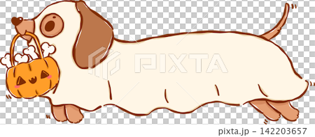 Cute Halloween Dachshund Ghost Sausage Dog Floating Cartoon Hand Drawn Illustration Cute Halloween Dachshund Ghost Sausage Dog Floating Cartoon Hand Drawn Illustration 142203657