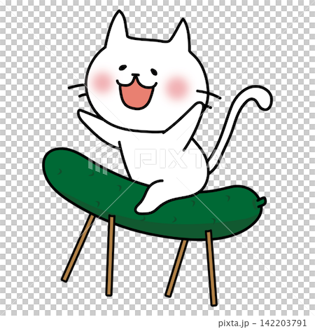 A white cat riding on a cucumber used as a spirit horse during the Obon festival. A white cat riding on a cucumber used as a spirit horse during the Obon festival. 142203791