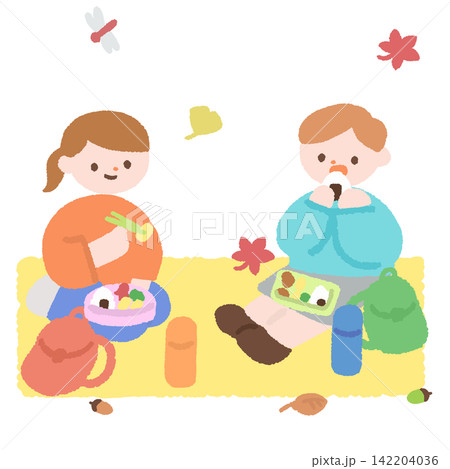 秋の遠足でお弁当を食べる子どもたちのイラスト 142204036