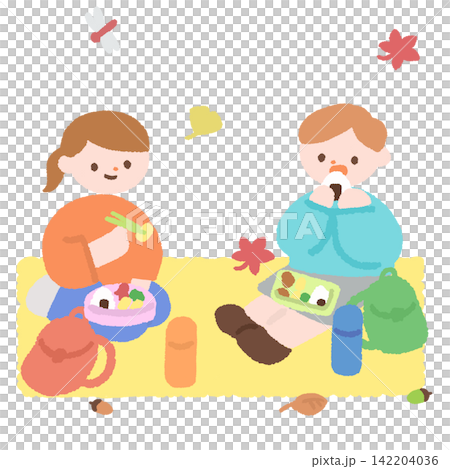 秋の遠足でお弁当を食べる子どもたちのイラスト 142204036