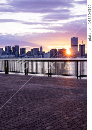豊洲から望む夕焼けとビル群(縦構図) 豊洲から望む夕焼けとビル群(縦構図) 142204599