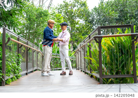 Two senior LGBTQ men share warm handshake on elevated wooden bridge surrounded by lush tropical greenery Two senior LGBTQ men share warm handshake on elevated wooden bridge surrounded by lush tropical greenery 142205048