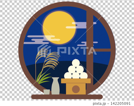 Illustration of moon viewing on the fifteenth night of the lunar month: A Japanese-style background featuring a full moon viewed through a round window, moon-viewing dumplings, and pampas grass. Illustration of moon viewing on the fifteenth night of the lunar month: A Japanese-style background featuring a full moon viewed through a round window, moon-viewing dumplings, and pampas grass. 142205091
