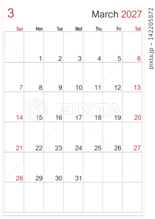 March 2027, calendar page isolated on white background, save clipping path. March 2027, calendar page isolated on white background, save clipping path. 142205872