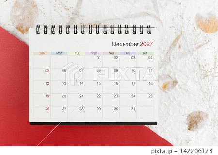 December calendar 2027 on mulberry paper background. 2027 calendar planning appointment meeting concept. 142206123