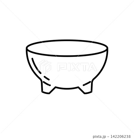 Minimal line art icon of a wide ceramic bowl supported by three tripod legs. 142206238