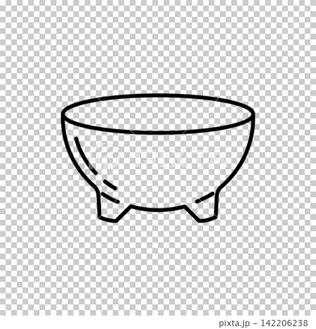 Minimal line art icon of a wide ceramic bowl supported by three tripod legs. 142206238