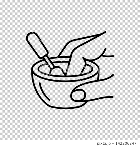 Line art icon depicting a hand using a carving tool to refine a small ceramic pot. Line art icon depicting a hand using a carving tool to refine a small ceramic pot. 142206247
