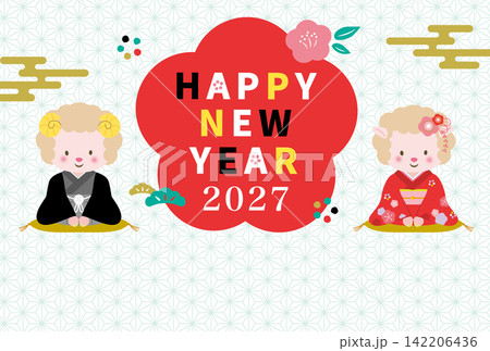 着物姿の羊のカップルが挨拶をする年賀状　2027年　未年 142206436