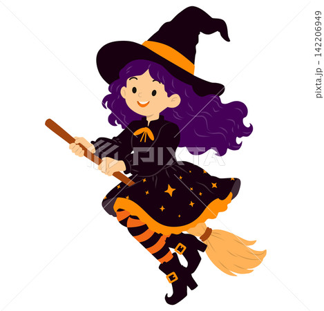 Cute Halloween Witch Flying on Broomstick, Cartoon Character Illustration Cute Halloween Witch Flying on Broomstick, Cartoon Character Illustration 142206949