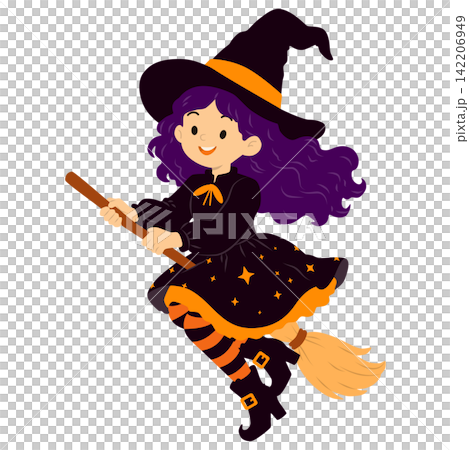 Cute Halloween Witch Flying on Broomstick, Cartoon Character Illustration Cute Halloween Witch Flying on Broomstick, Cartoon Character Illustration 142206949