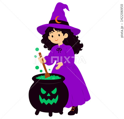 Cute Halloween Witch Making Magic Potion in Pumpkin Cauldron, Cartoon Illustration Cute Halloween Witch Making Magic Potion in Pumpkin Cauldron, Cartoon Illustration 142206950