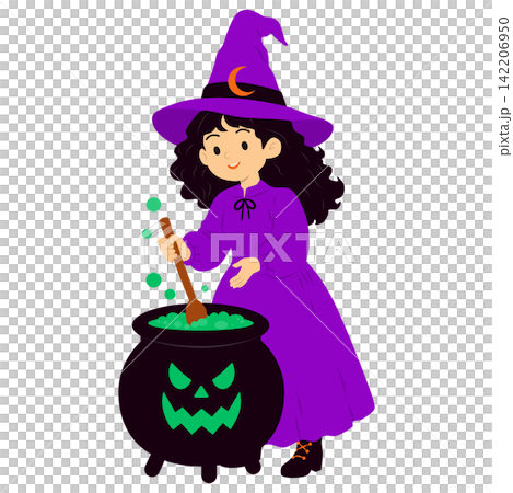 Cute Halloween Witch Making Magic Potion in Pumpkin Cauldron, Cartoon Illustration Cute Halloween Witch Making Magic Potion in Pumpkin Cauldron, Cartoon Illustration 142206950