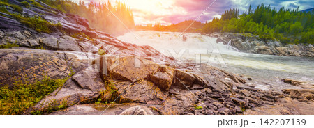 Landscape with beautiful powerful waterfall. Wild nature of Norway Landscape with beautiful powerful waterfall. Wild nature of Norway 142207139