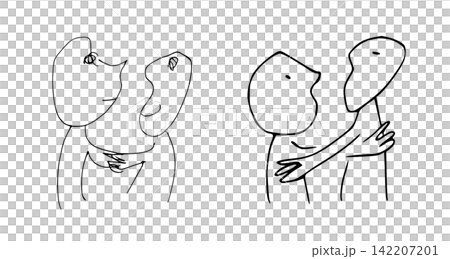 A set of monochrome hand-drawn line art depicting two pairs of people connecting with each other. A set of monochrome hand-drawn line art depicting two pairs of people connecting with each other. 142207201
