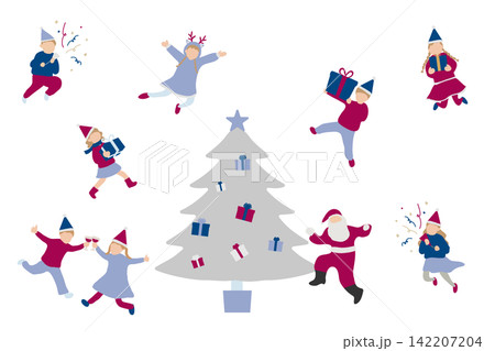クリスマスを楽しむ子どもたちとサンタクロースのイラストセット クリスマスを楽しむ子どもたちとサンタクロースのイラストセット 142207204