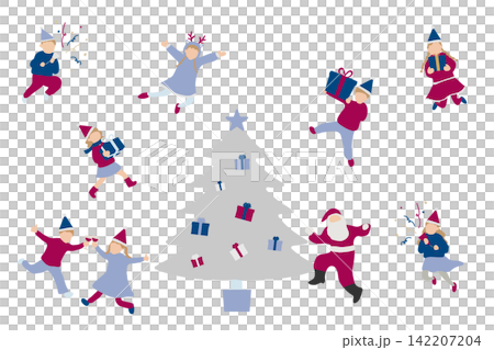 クリスマスを楽しむ子どもたちとサンタクロースのイラストセット クリスマスを楽しむ子どもたちとサンタクロースのイラストセット 142207204