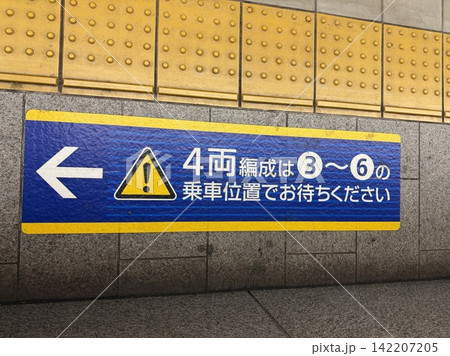 大阪の京阪電車の駅のホームに設置された停車位置を示す表示 大阪の京阪電車の駅のホームに設置された停車位置を示す表示 142207205