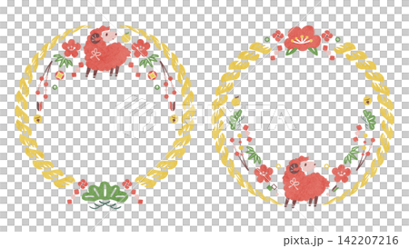 新年相框,圖案為綿羊和注連繩;一套傳統的日本羊年裝飾相框(由和紙製成,圓形)。 新年相框,圖案為綿羊和注連繩;一套傳統的日本羊年裝飾相框(由和紙製成,圓形)。 142207216