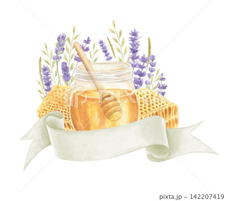 Watercolor glass jar filled with golden honey and wooden honey dipper inside, surrounded by pieces of honeycomb, lavender flowers and sweeping blank ribbon banner. For natural product packaging 142207419