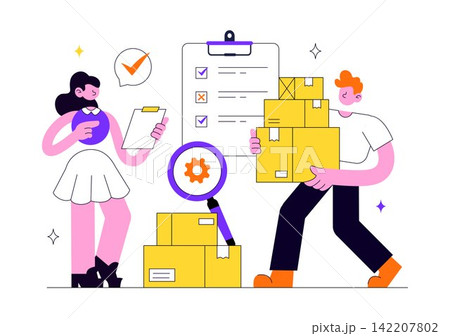 Inventory Management Vector Illustration Featuring Warehouse Workers, Packages, Barcode Scanner, Clipboard Checklists, and Logistics Stock Analytics Inventory Management Vector Illustration Featuring Warehouse Workers, Packages, Barcode Scanner, Clipboard Checklists, and Logistics Stock Analytics 142207802