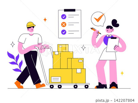 Inventory Management Vector Illustration Featuring Warehouse Workers, Packages, Barcode Scanner, Clipboard Checklists, and Logistics Stock Analytics Inventory Management Vector Illustration Featuring Warehouse Workers, Packages, Barcode Scanner, Clipboard Checklists, and Logistics Stock Analytics 142207804