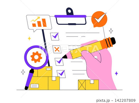 Inventory Management Vector Illustration Featuring Warehouse Workers, Packages, Barcode Scanner, Clipboard Checklists, and Logistics Stock Analytics 142207809