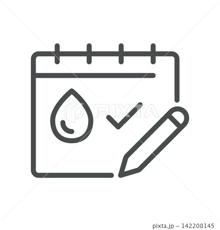 Cycle Tracking icon. Calendar, blood drop, check mark and pencil. Simple thin line outline vector illustration. 142208145