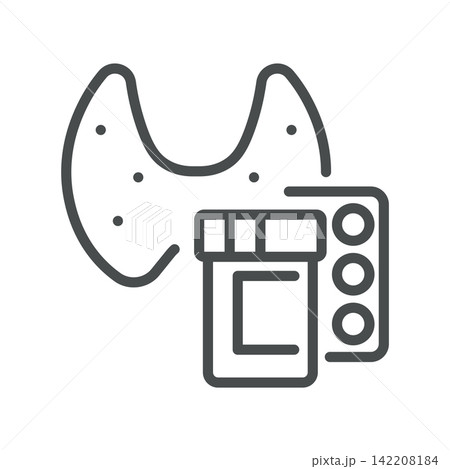 Levothyroxine icon. Thyroid gland, medicine bottle and tablets. Simple thin line outline vector illustration. Levothyroxine icon. Thyroid gland, medicine bottle and tablets. Simple thin line outline vector illustration. 142208184