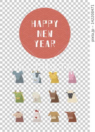 扁平化插畫:新年快樂,十二生肖(直式版) 扁平化插畫:新年快樂,十二生肖(直式版) 142208471